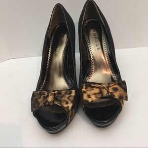 Rampage peep toe black satin high heels with animal print bow size 8 M